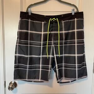 American Eagle Outfitters Plaid Board Shorts Swim Trunks Black White XL Surf
